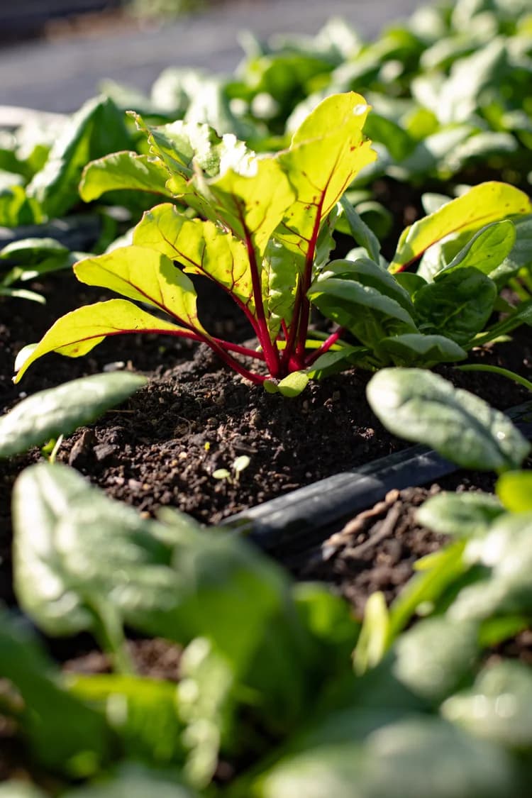 A rainbow chard seedling pushing up through the soil