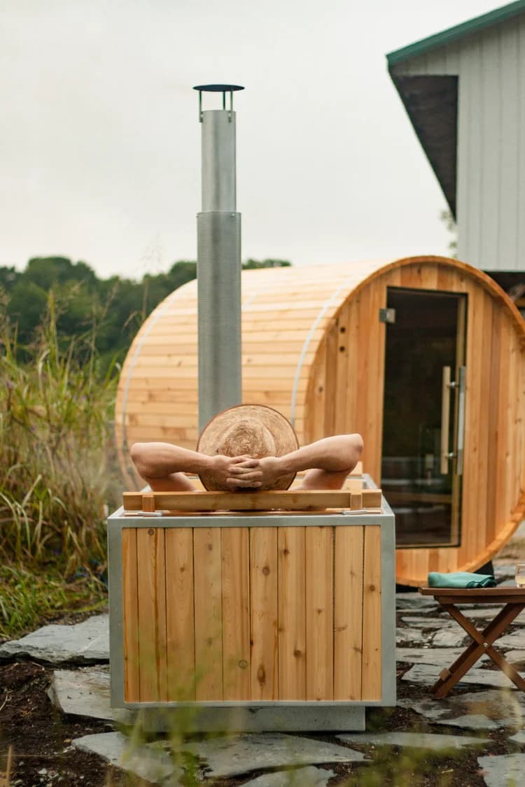 The wood-fired cedar sauna at dawn