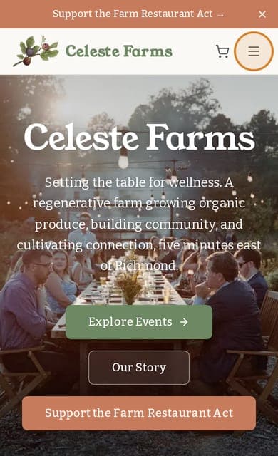 The Celeste Farms home page on a phone, with the menu button in the top right corner circled
